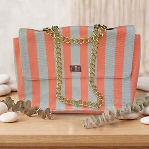 WKND WYFR Woven Creamsicle & White Beach Tote Gold Chain Straps